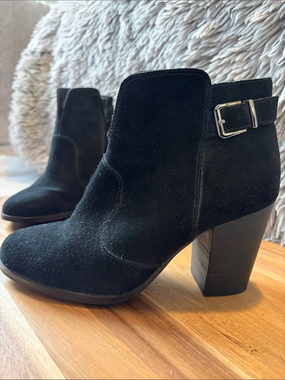 Gianni Bini Black Suede Buckle Block Heel Ankle Booties